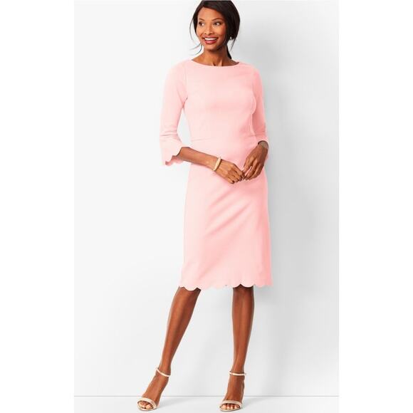 NWT Talbots Pink 3/4 Bell Sleeve Scalloped Hem Ponte Sheath Midi Dress Sz 12 - Picture 2 of 9